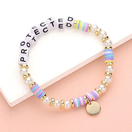 PROTECTED Message Pearl Heishi Beaded Metal Disc Plate Charm Stretch Bracelet