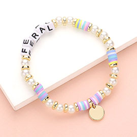 FERAL Message Pearl Heishi Beaded Metal Disc Plate Charm Stretch Bracelet