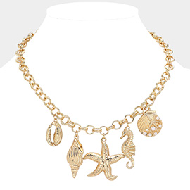 Metal Starfish Seahorse Puka Shell Pearl Pointed Shell Charm Chunky Necklace