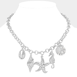 Metal Starfish Seahorse Puka Shell Pearl Pointed Shell Charm Chunky Necklace