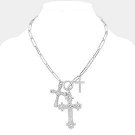 Stone Paved Textured Metal Cross Charms Paperclip Chain Necklace