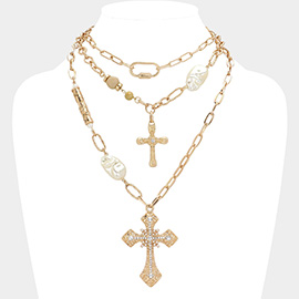 Chunky Pearl Pointed Stone Paved Cross Pendant Layered Necklace