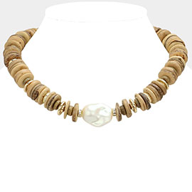 Natural Pearl Pendant Pointed Wood Beaded Chunky Necklace