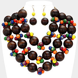 Wood Ball Beaded Triple Layered Statement Necklace