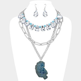 2PCS - Natural Stone Pendant Pointed Teardrop Stone Link Multi Chain Layered Statement Necklace