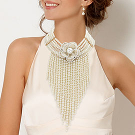 Flower Pointed Pearl Fringe Statement Necklace