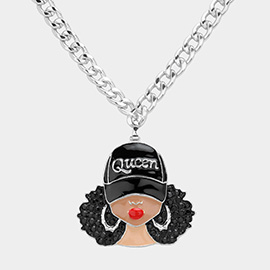 Enamel Afro Woman in Queen Hat Pendant Chunky Chain Necklace