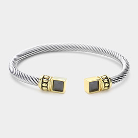 Two Tone Plated CZ Square Stone Tip Cable Cuff Bracelet