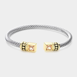 Two Tone Plated CZ Square Stone Tip Cable Cuff Bracelet