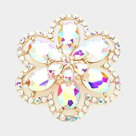 Oval Glass Stone Accented Rhinestone Paved Flower Pin Brooch