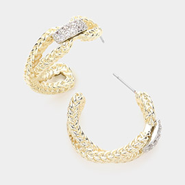 14K Gold Plated CZ Stone Paved Center Pointed Hoop Earrings