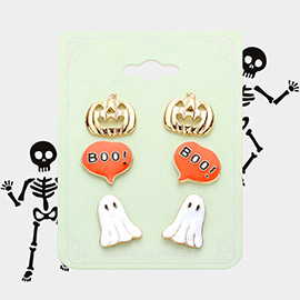 3Pairs - Halloween Pumpkin Boo Ghost Stud Earring Set