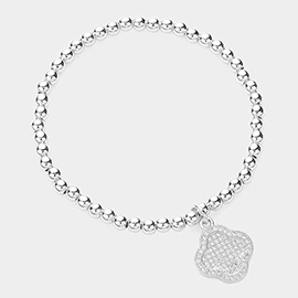 CZ Stone Paved Quatrefoil Charm Pointed Stainless Steel Ball Beaded Stretch Bracelet