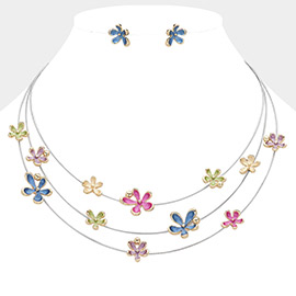 Colored Metal Flower Charm Station Wire Triple Layered Necklace
