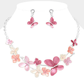 Colored Metal Butterfly Flower Link Bib Necklace