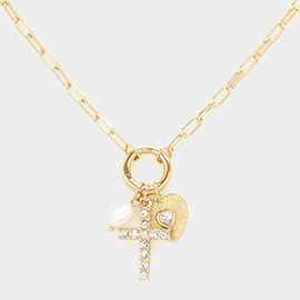 Stone Paved Cross Pearl Heart Pendant Necklace