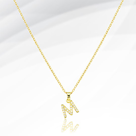 -M- Stainless Steel CZ Stone Paved Monogram Pendant Necklace