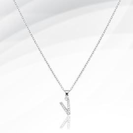 -V- Stainless Steel CZ Stone Paved Monogram Pendant Necklace