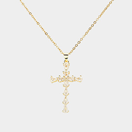 Teardrop CZ Stone Embellished Cross Pendant Stainless Steel Necklace
