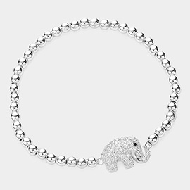 CZ Stone Paved Elephant Pointed Stainless Steel Ball Beaded Stretch Bracelet