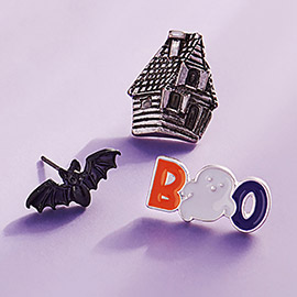 3Pairs - Enamel Halloween BOO Hunted House Bat Stud Earring Set