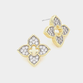 14K Gold Plated CZ Stone Paved Clover Stud Earrings