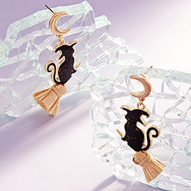 Halloween Black Cat Witch with Broom Dangle Earrings
