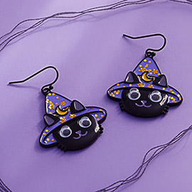Eye Pointed Enamel Halloween Black Cat Dangle Earrings