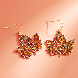 Marquise Round Stone Pointed Enamel Maple Leaf Dangle Earrings