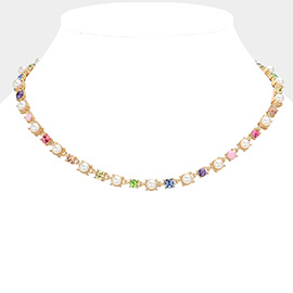 Pearl Round Cluster Link Chain Necklace