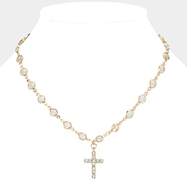 Stone Paved Cross Pendant Pointed Clear Stone Bezel Station Necklace