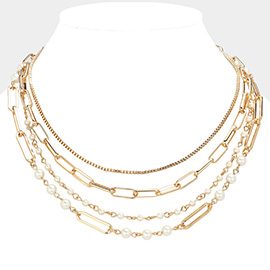 Pearl Station Metal Paperclip Chain Layered Necklace