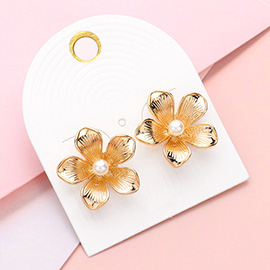 Pearl Pointed Metal Flower Stud Earrings