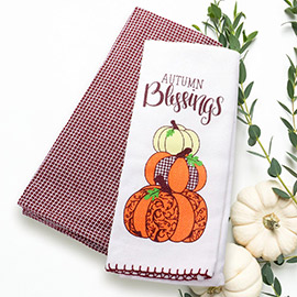 2PCS - Autumn Blessing Pumpkin Printed Gingham Kitchen Towel  Set