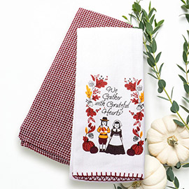 2PCS - We Gather with Grateful Hearts Message Thanksgiving Printed Gingham Kitchen Towel Set