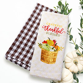 2PCS - Grateful Thankful Blessed Messaged Pumpkin Basket Printed Checkered Pattern Kitchen Towel Set