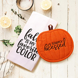 2PCS - Simply Blessed Message Pumpkin Printed Kitchen Towel Pumpkin Pot Holder Set