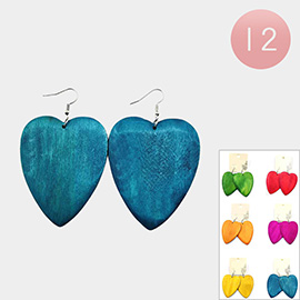 12Pairs - Colored Wooden Heart Dangle Earrings