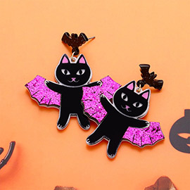 Resin Halloween Cat Bat Dangle Earrings