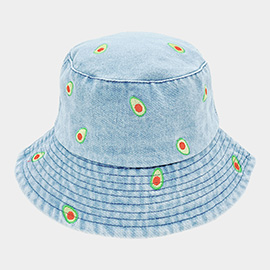 Embroidered Avocado Light Denim Bucket Hat