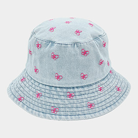 Embroidered Butterfly Light Denim Bucket Hat