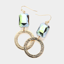 Rectangle Stone Pointed Textured Metal Open O Ring Dangle Earrings