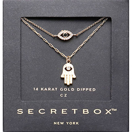 SECRET BOX_14K Gold Dipped CZ Stone Paved Hamsa Hand Evil Eye Pointed Pendant Layered Necklace