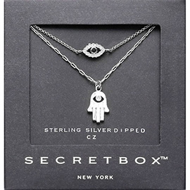 SECRET BOX_Sterling Silver Dipped CZ Stone Paved Hamsa Hand Evil Eye Pointed Pendant Layered Necklace
