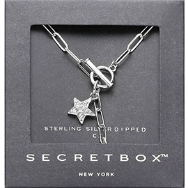 SECRET BOX_Sterling Silver Dipped CZ Stone Paved Star Pointed Paper Clip Toggle Necklace