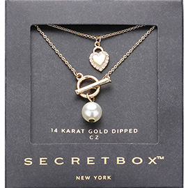 SECRET BOX_14K Gold Dipped Pearl CZ Stone Paved Heart Pointed Layered Necklace