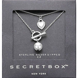 SECRET BOX_Sterling Silver Dipped Pearl CZ Stone Paved Heart Pointed Layere Necklace