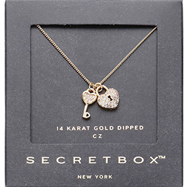 SECRET BOX_14K Gold Dipped CZ Stone Paved Heart Lock Key Pendant Necklace