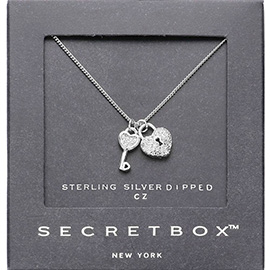 SECRET BOX_Sterling Silver Dipped CZ Stone Paved Heart Lock Key Pendant Necklace