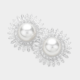 Round Pearl Pointed CZ Stone Paved Sunburst Evening Earrings